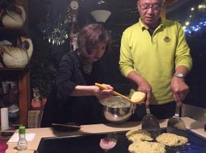 Our hosts made okonomiyaki for us, which had some bacon, lots of cabbage and batter.  Think of it as a savory (as compared to sweet) dinner pancake.